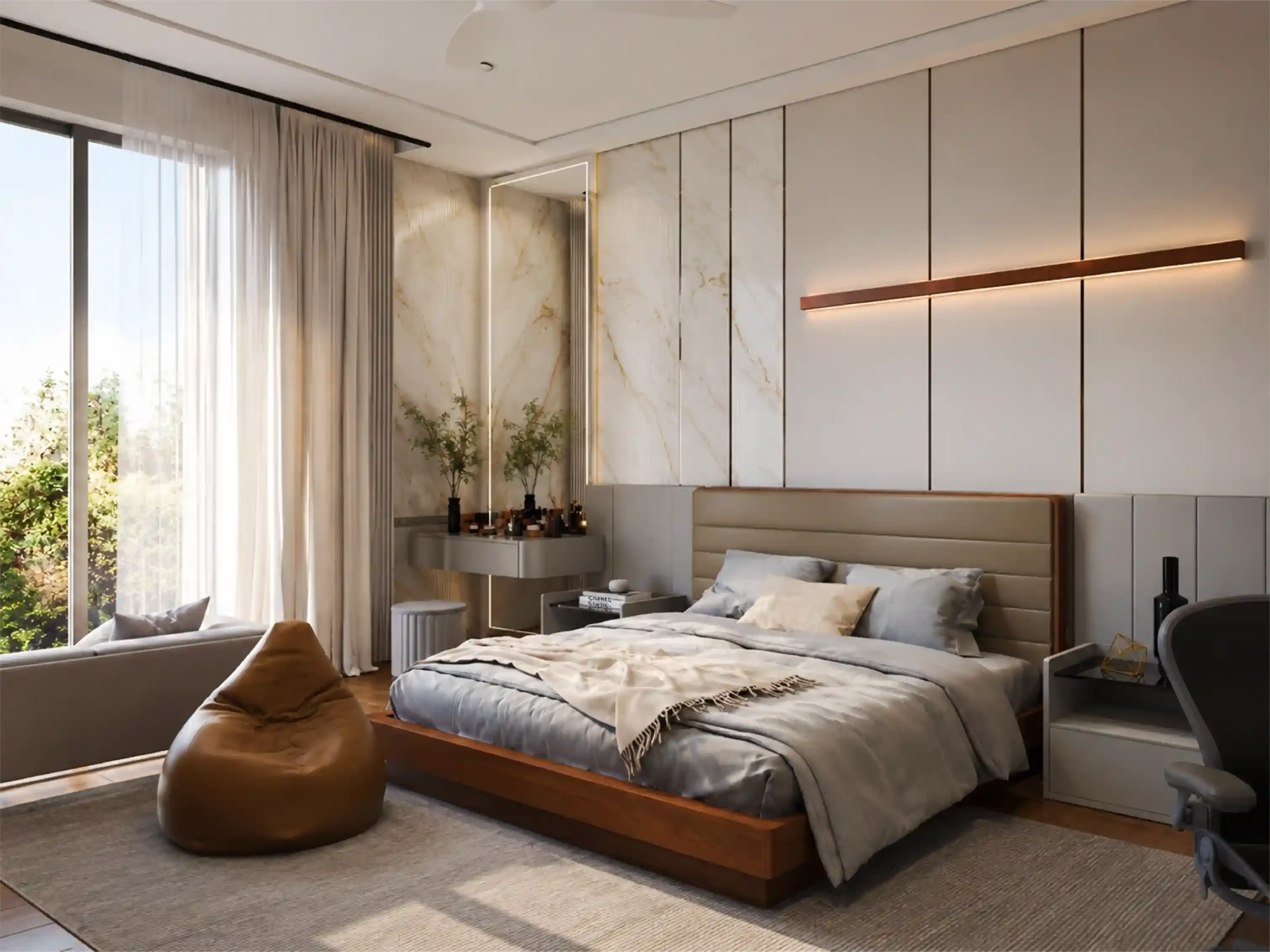 Primary bedroom with a timber slatted wall and layered neutral furnishings