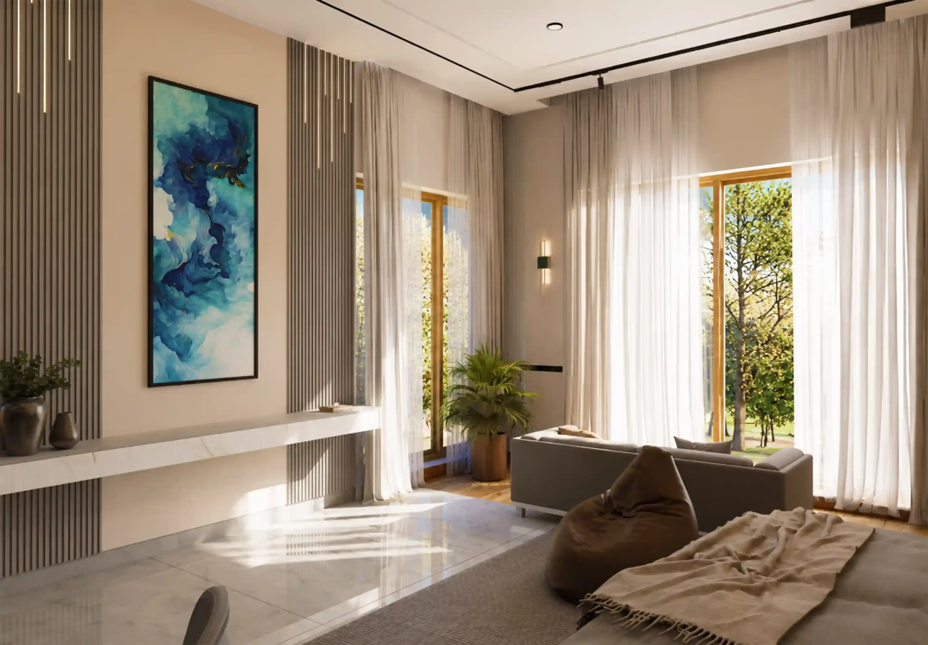 Bright executive lounge with a teal artwork and filtered daylight