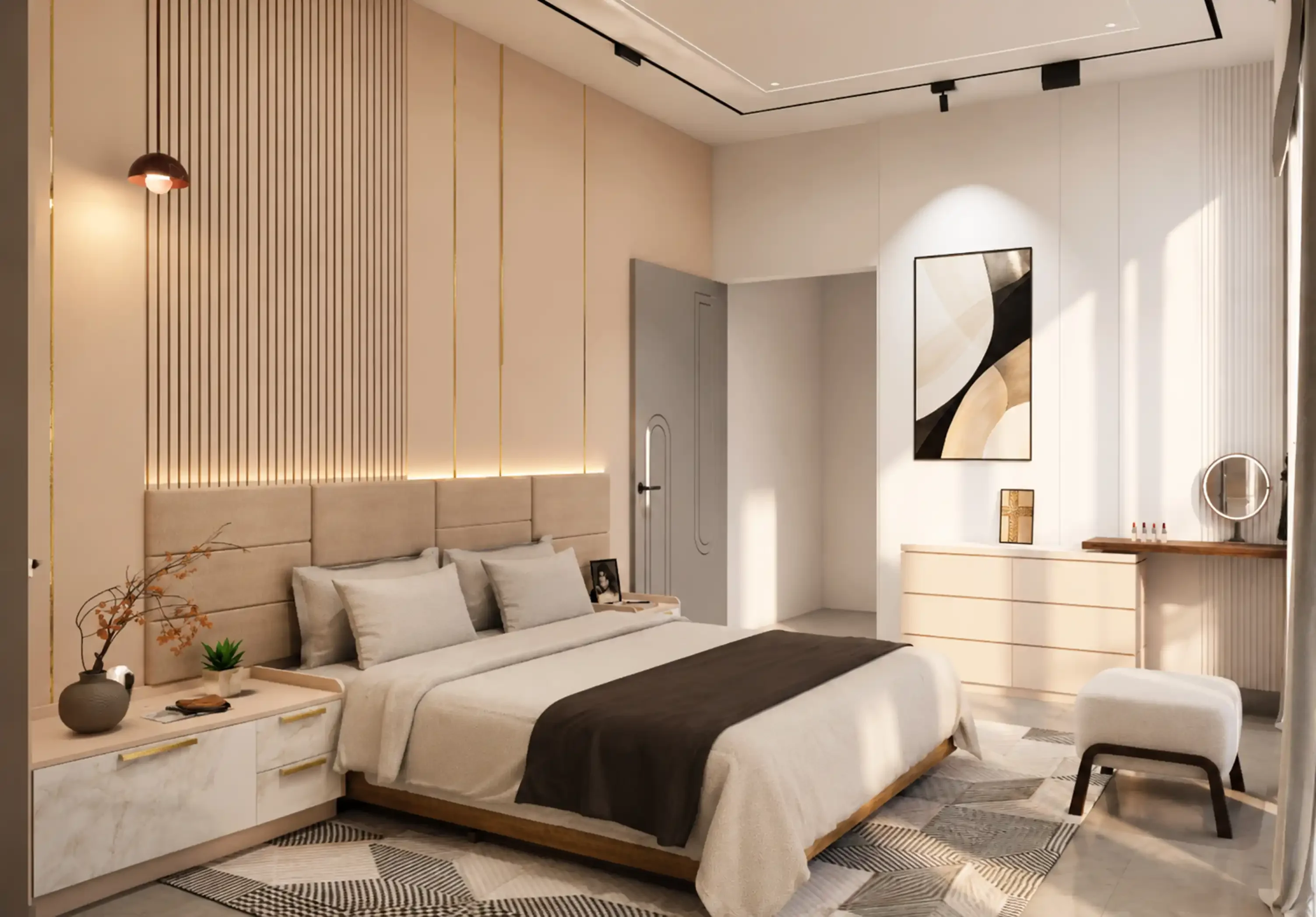 Warm guest suite with upholstered wall panels and concealed storage