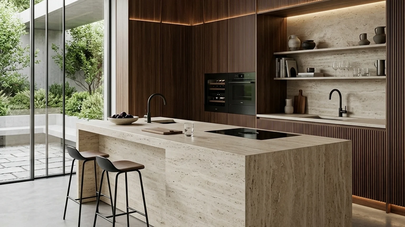 Modern kitchen bar with wood cabinetry, elevated counter seating, and warm pendant lighting